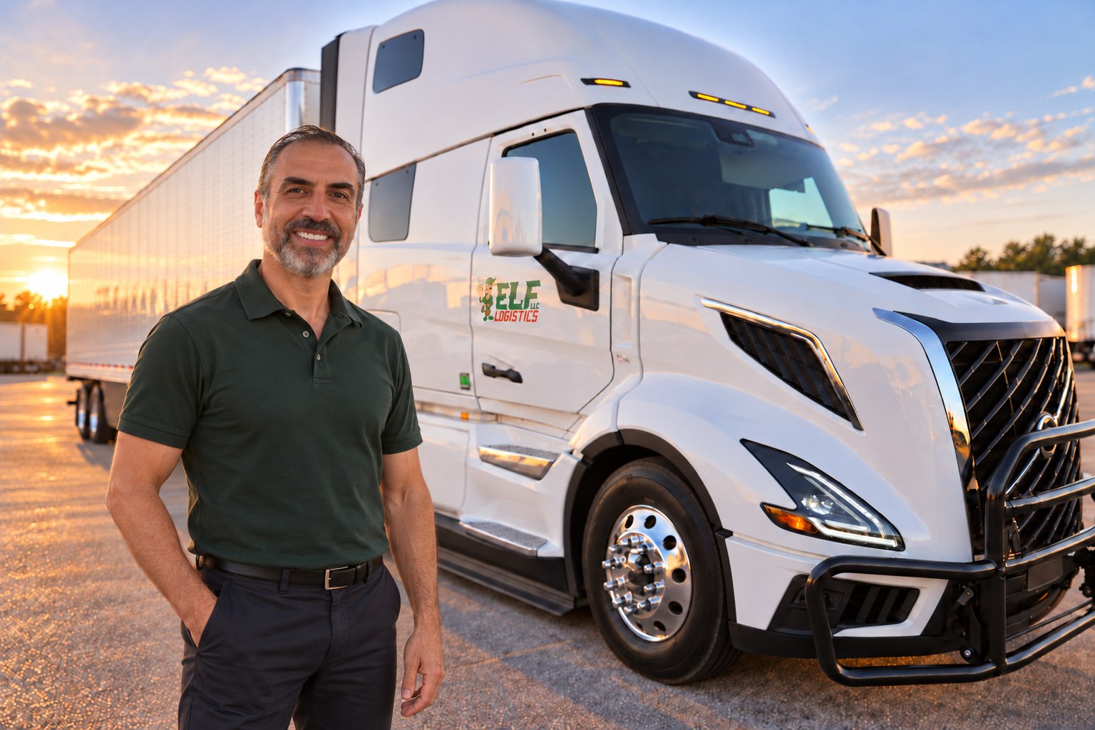 Owner of ELF Logistics beside a Volvo — photo composite