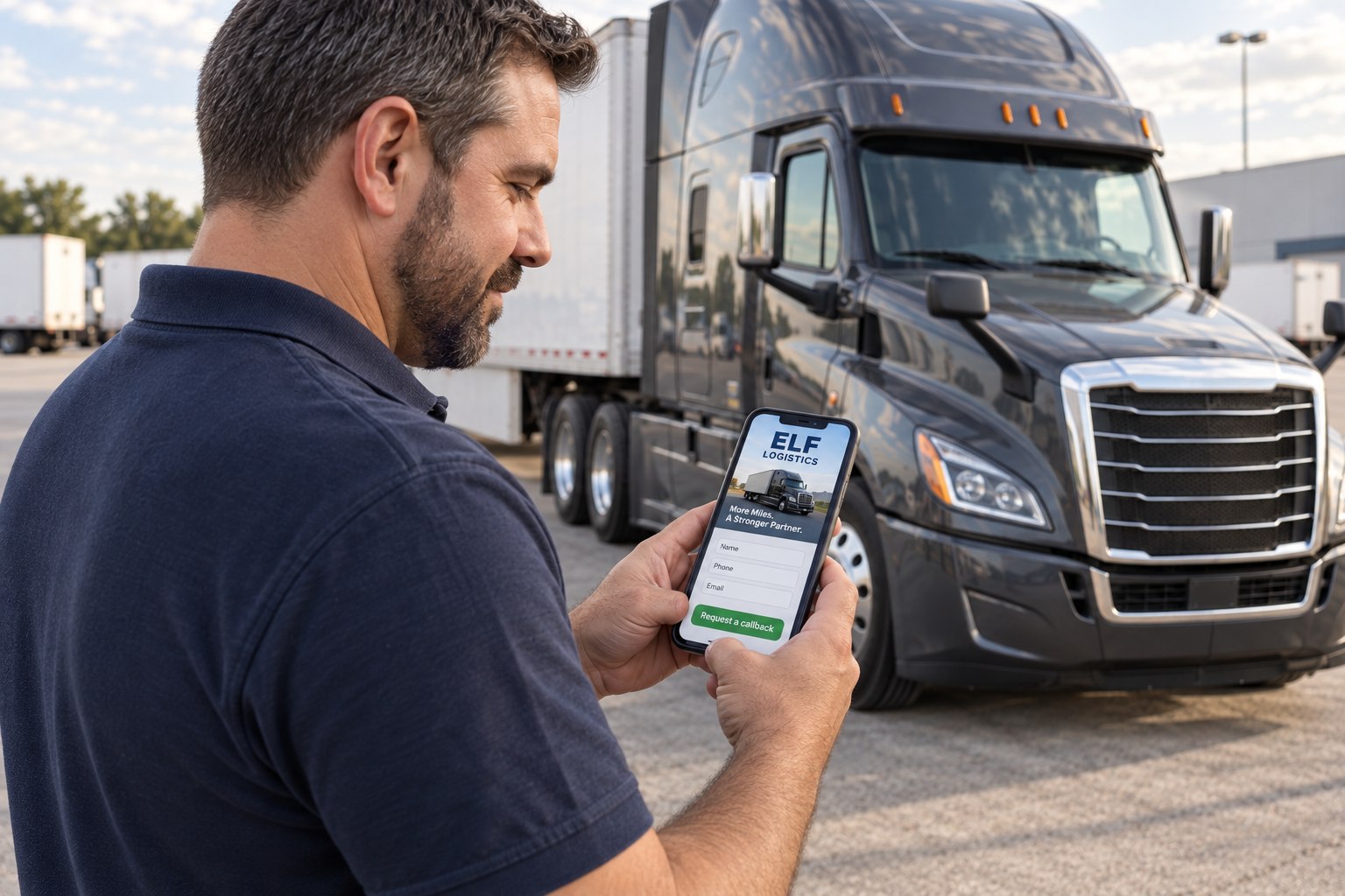Illustrative truck owner filling out an ELF Logistics inquiry on his phone